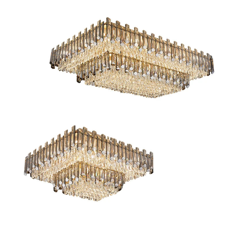 Modern Luxury Rectangular Gray Clear Crystal Ceiling Chandelier Dimmable Decoration Foyer Living Room Large Ceiling Lights
