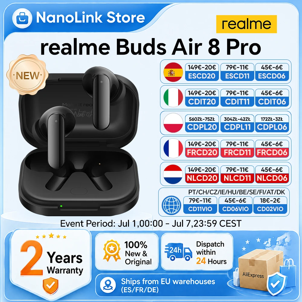 Auriculares inalámbricos realme Buds Air 8 Pro con Bluetooth, versión europea para teléfonos inteligentes 5G como realme 16 Pro Plus, realme GT 8 Pro y realme Pad 3