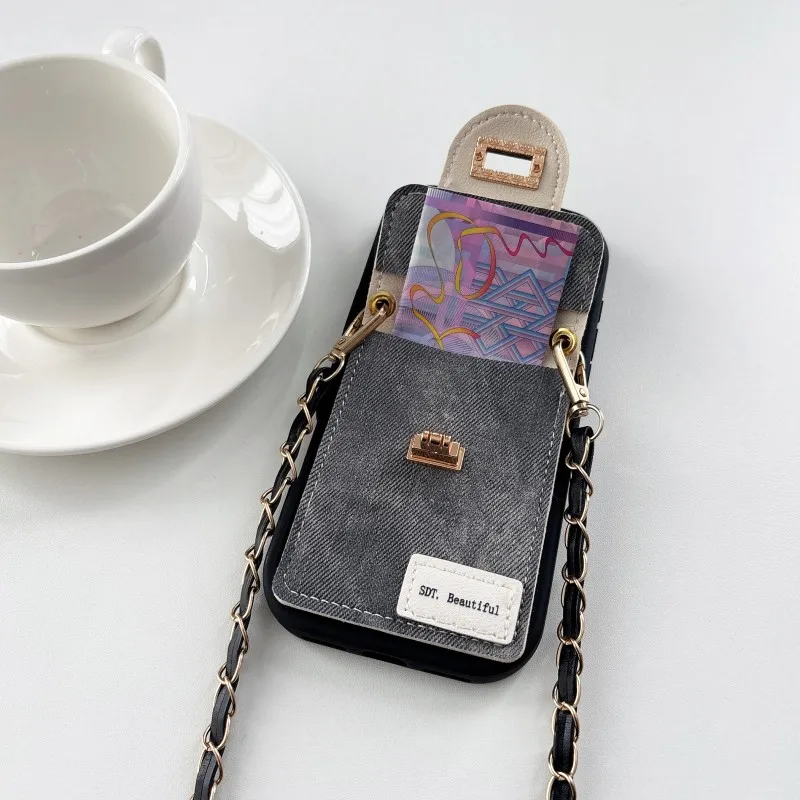 Wallet Lanyard Case for iPhone 17 Pro Max Air 18 12 13 15 Pro 16 14 Plus Cute 3D Rabbit Crossbody Strap Denim Leather Bag Cover
