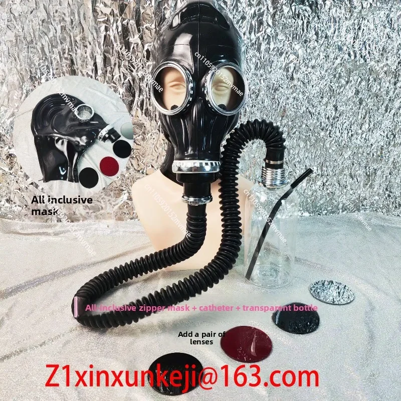 Customized Latex Gas Mask Set, All-inclusive Zipper Cosplay Accessories with Free Lenses, Upgraded Mask