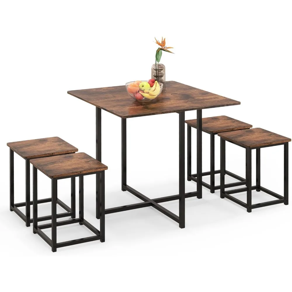 

Dining Table Set for 4, Small Kitchen Table Set with Square Stools and Metal Frame, Perfect for Small Spaces, H