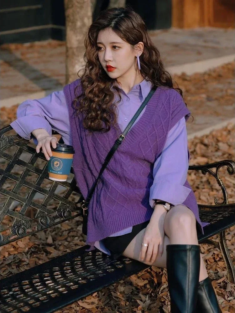 

Жилет фиолетового цвета с v-образным вырезом, женские свитера, свободный пуловер, вязаные жилеты для женщин, одежда без рукавов в корейском стиле, элегантный тренд 2024