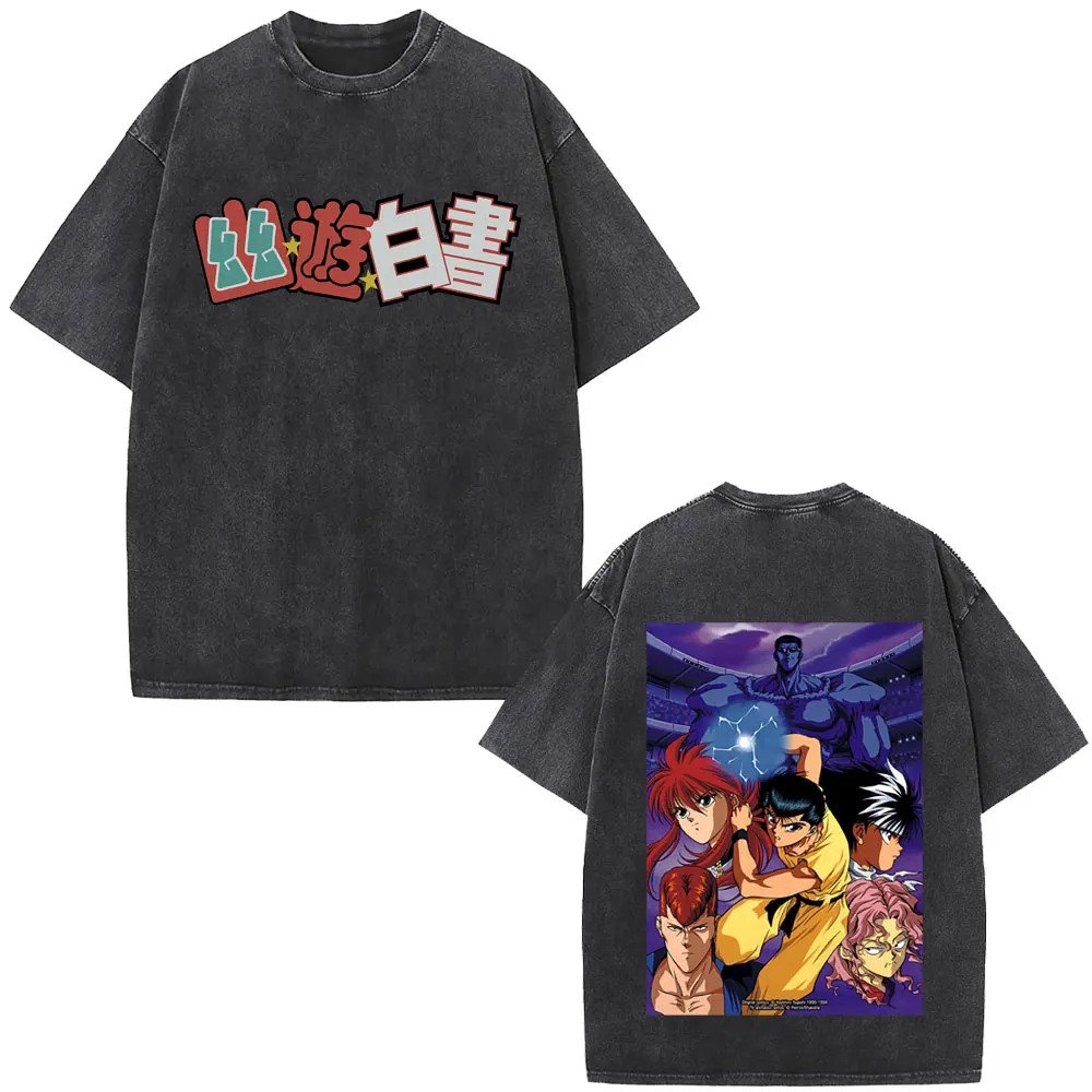 

Anime YuYu Hakusho Urameshi Yuusuke Washed Vintage T-shirt Men Women Casual Oversized Crewneck T Shirts Men's Casual Streetwear