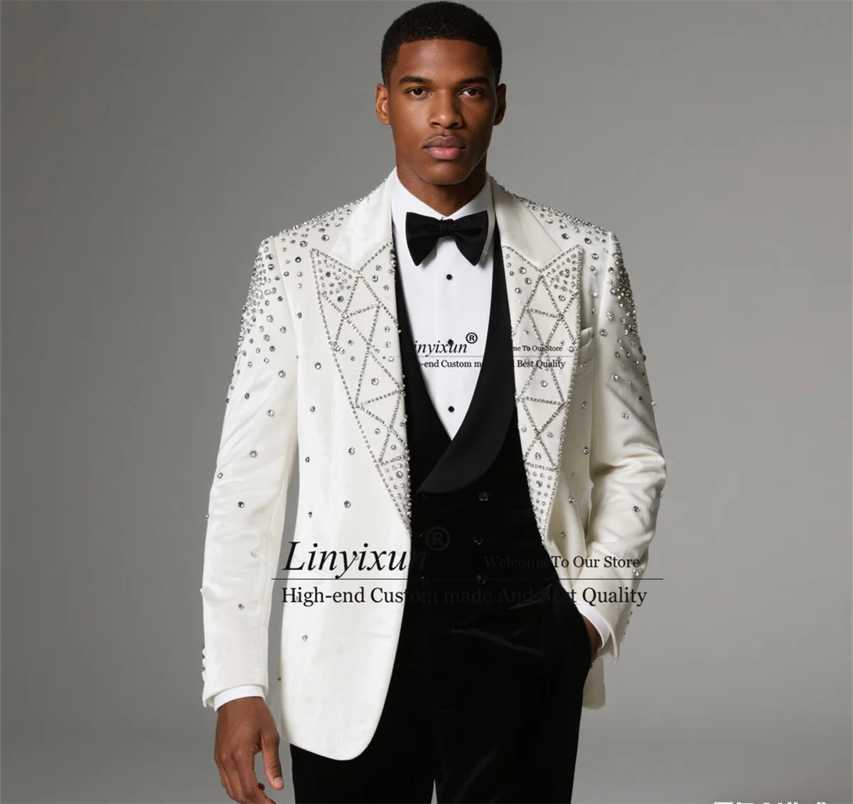 

Glitter Rhinestones Crystals Tuxedos Men Suits 3 Piece Sets Male Prom Blazers Customized Groom Handsome Wedding Costume Homme