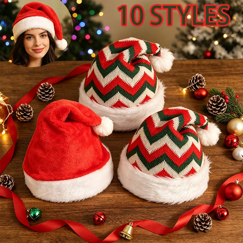 Christmas Santa Hats for Adults Plush Knitted Xmas Hat with White Faux Fur Trim and Pom Pom Holiday Party Costume Decorations