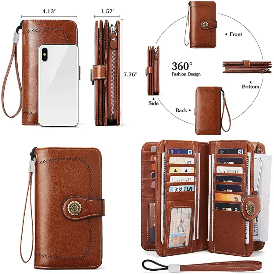 Leather Wallet for Women RFID Blocking Zip Around Credit Cards Holder Phone Clutch