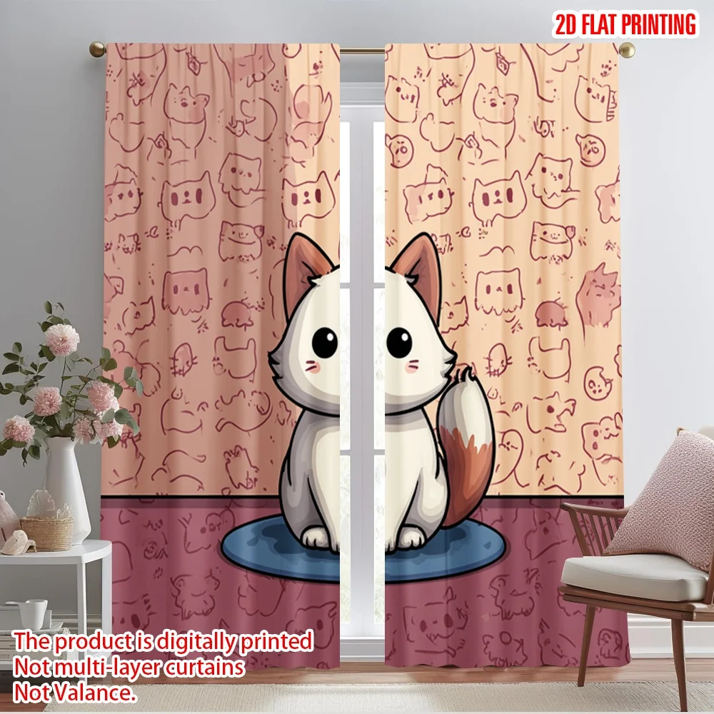 

2pcs 2D flat printing Curtains Cute Cat Paw_a 100% Polyester Without Electricity 0 Use for General Festive and Winter Holiday