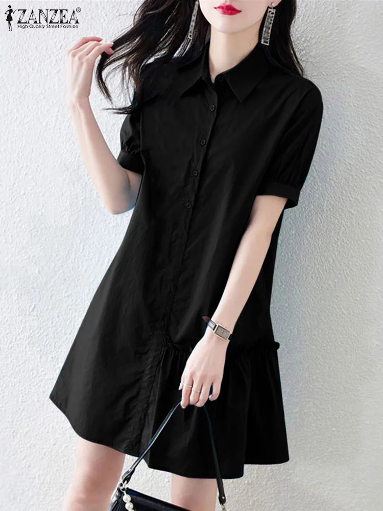 ZANZEA Women Ruffled Hem Shirt Dress Short Puff Sleeve Summer Elegant Solid Mini Dress Casual Fashion Lapel Neck Work Sundress