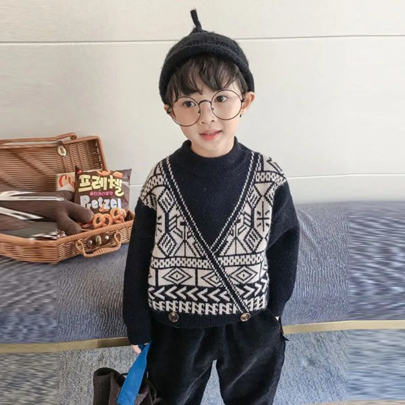 

Baby Boy Knitted Thermal Underlayer Sweater 2025 Winter New Korean Style Thickened Fleece Lined Cotton Blend Trendy