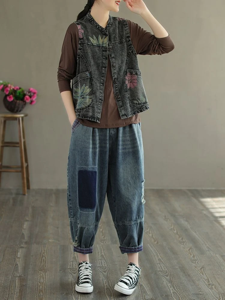 Gilet di jeans con stampa floreale retrò Mantello dimagrante stile etnico sciolto per donna Primavera Casual Chic ​
