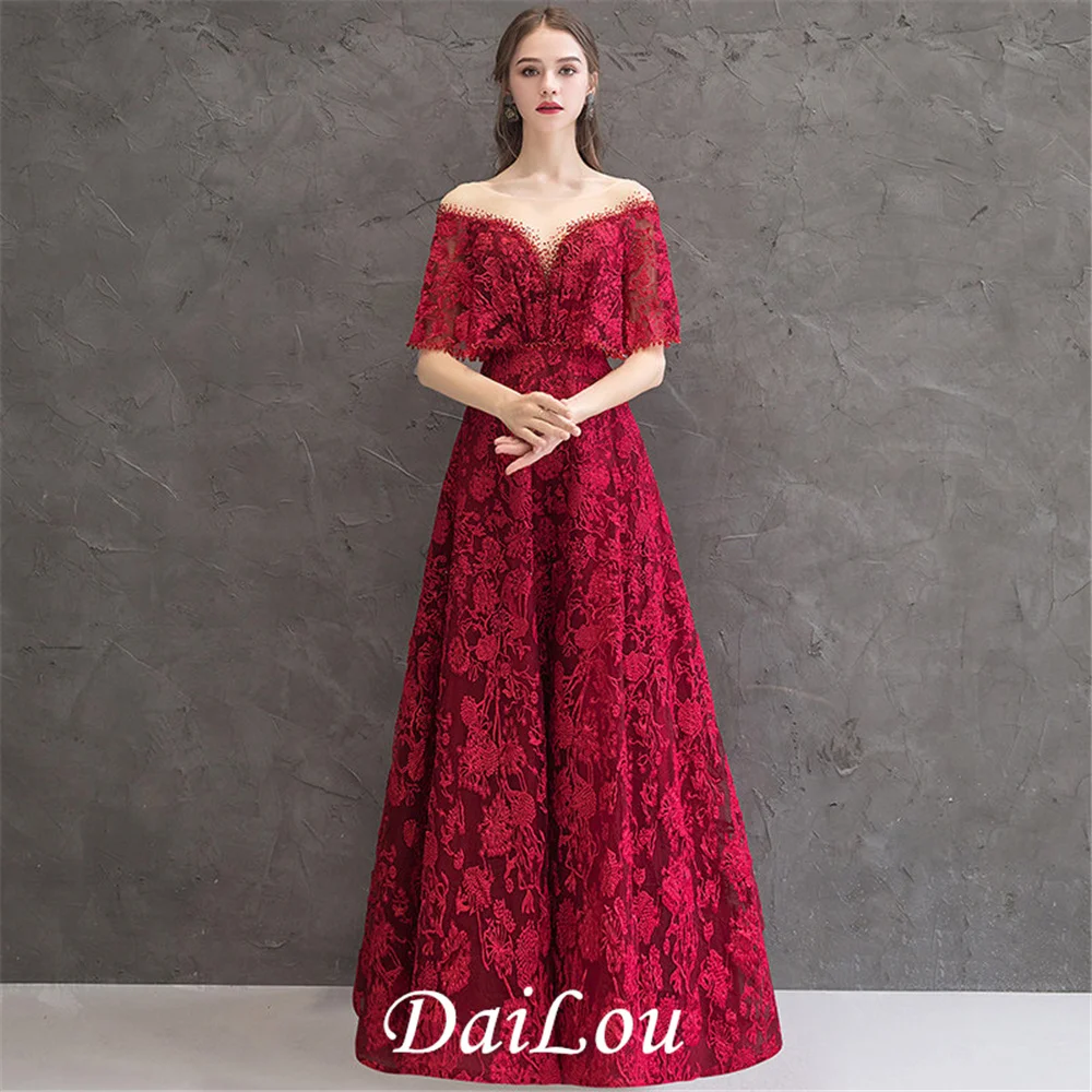 

Red Lace Evening Dresses Long Luxury V-Neck Half Sleeves Off-The-Shoulder Puffy Ball A-Line Elegant Sexy Formal Party Gowns