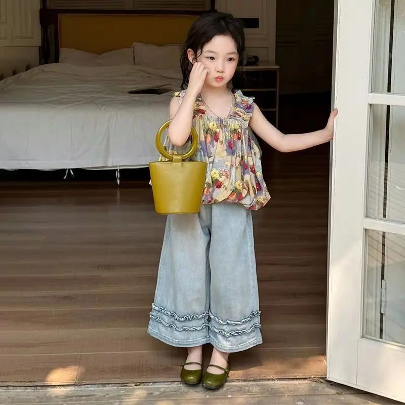 2025 Summer New Girl Korean  Baby Girl Western Style Floral Tank Top with Black Ear Edge Cowboy Wide Leg Pants Two Piece Set