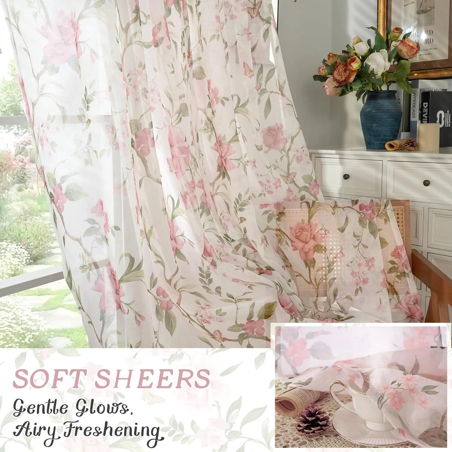 2PC Pink Floral Kitchen Sheer Valance Curtain Vintage Farmhouse Half Cafe Curtains 36 Inch Length for Living Room Bathroom