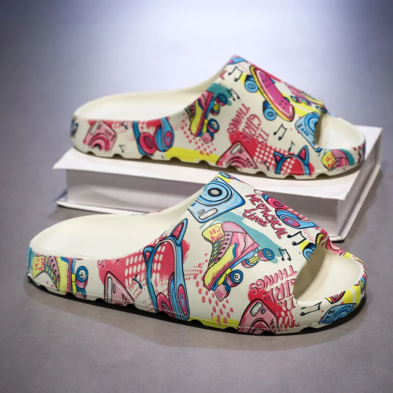 Hip Hop Music Graffiti Printed Slide Sandals Soft Cushioned EVA Cloud Slides Indoor Outdoor Beach Shower Slippers Big Size