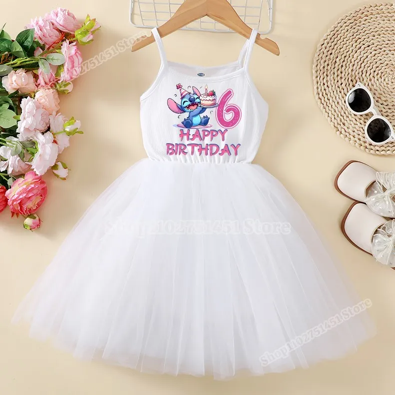 Disney Stitch Birthday Number Print Dress for Girls Clothes 2 To 8 Years Cartoon Lilo & Stich Party Strap Dresses Mesh Outfits