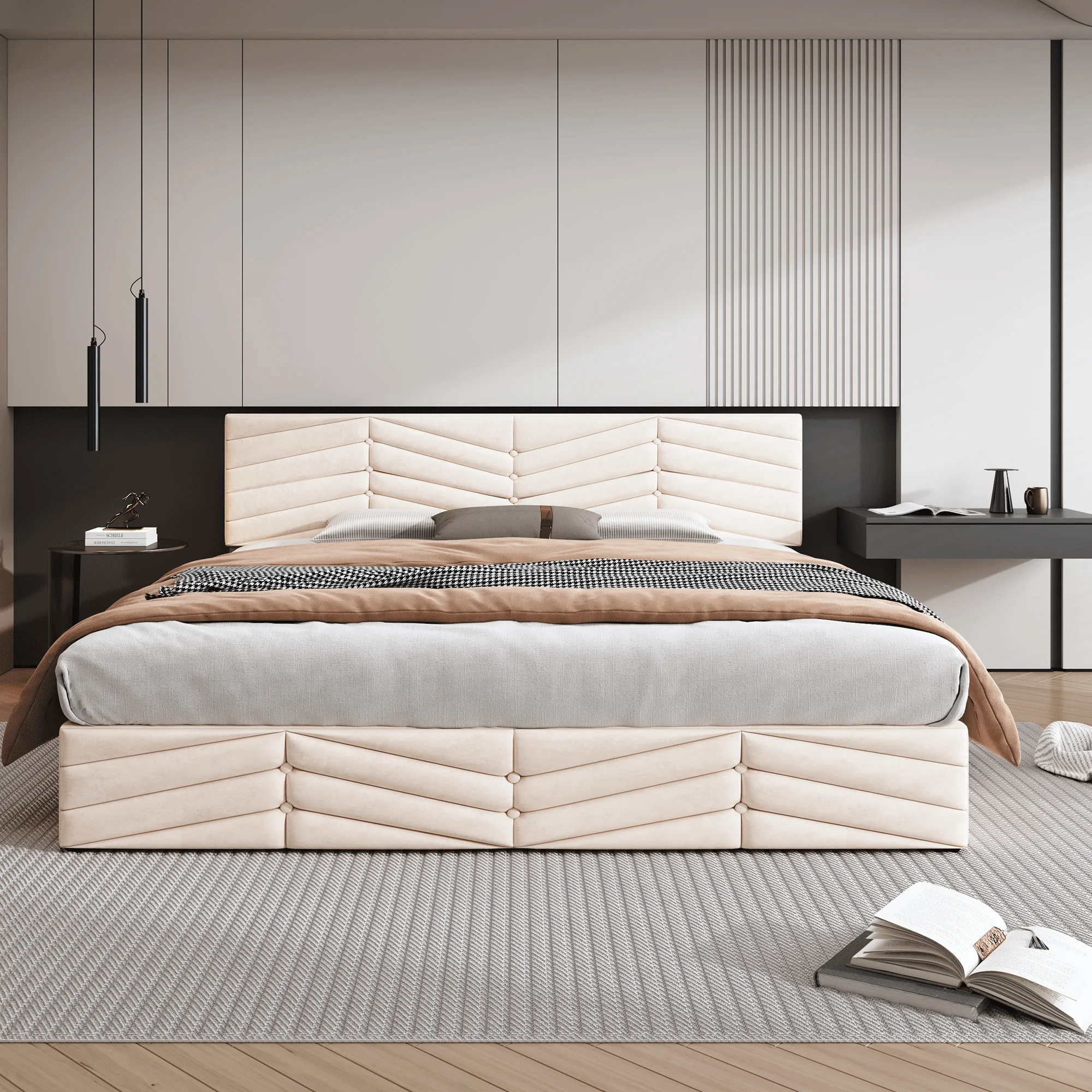 KOMHTOM Cama tapizada Cama doble Hidráulica 180x200cm Cama continental estilo rayas de terciopelo beige Cabecero ajustable en altura