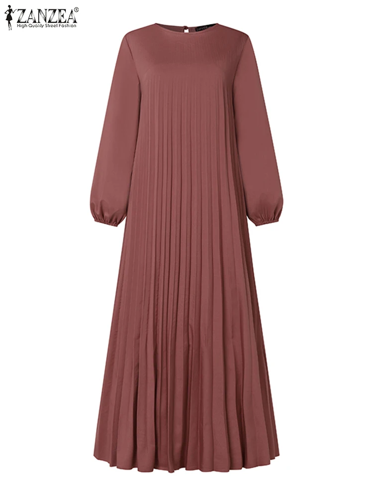 ZANZEA Casual Loose Fall 2024 Pleated Dress Women Muslim Fashion O Neck Islamic Hijab A-line Vestidos Solid Elegant Abaya Robes