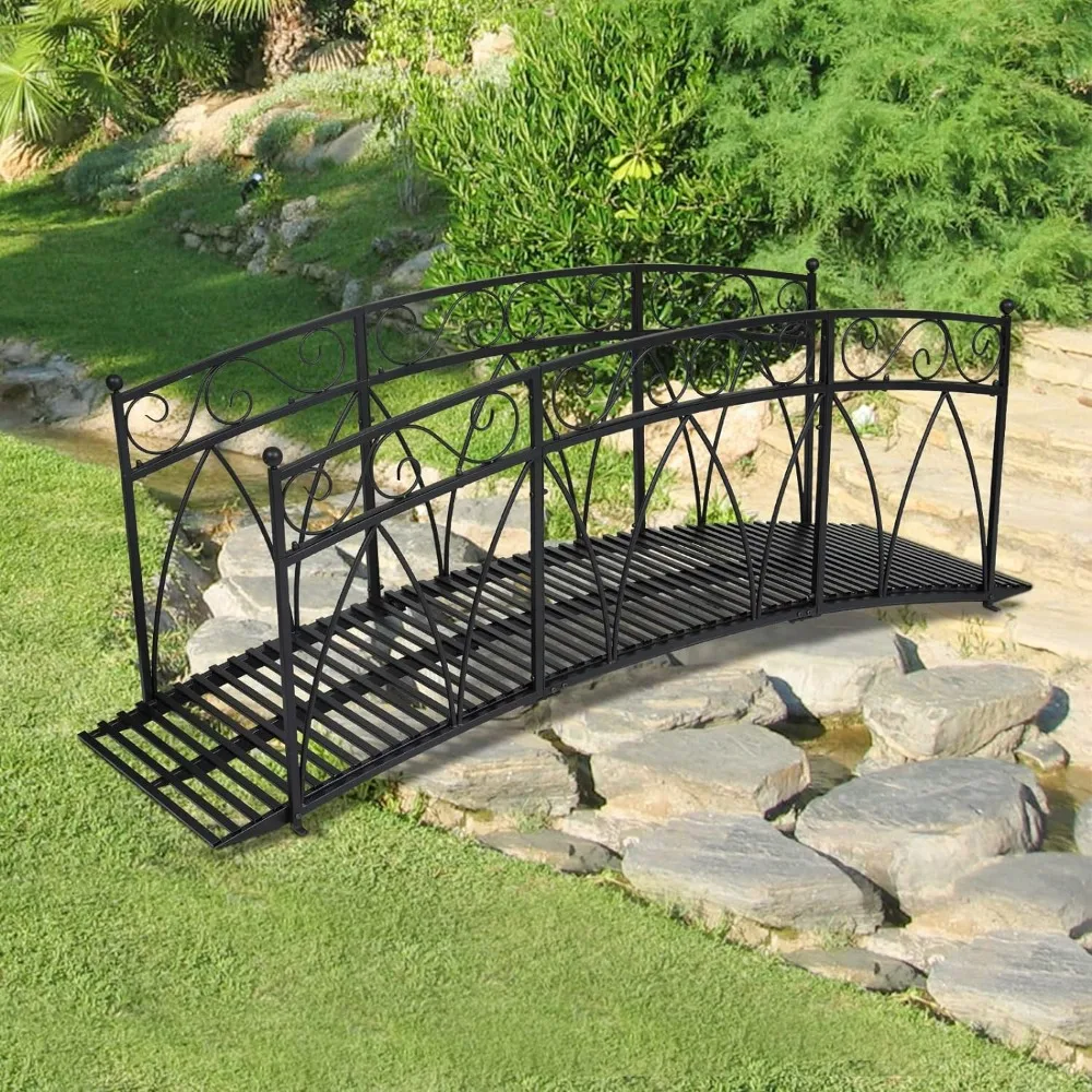 8 Ft Metal Garden Bridge with Safety Patterned Siderails Outdoor Decorative Iron Garden Arch Bridge Footbridge