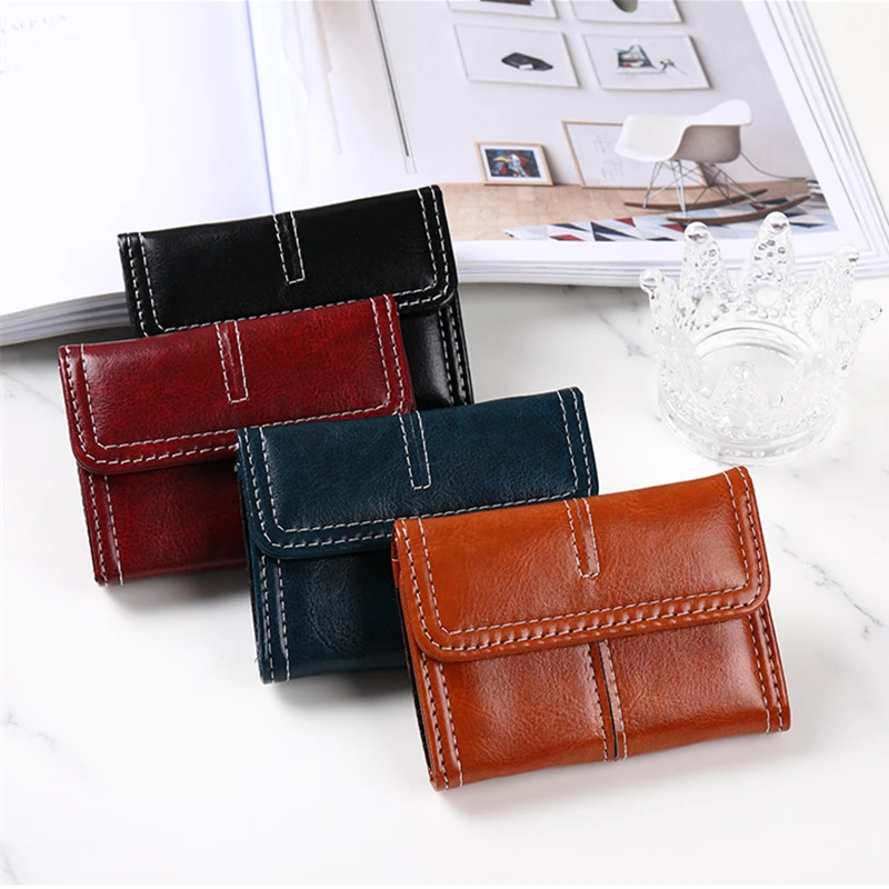 Retro PU Leather Women Short Wallet Large-capacity Card Holder Mini Buckle Purse for Men Coin Purses Portable Fashion Clutch