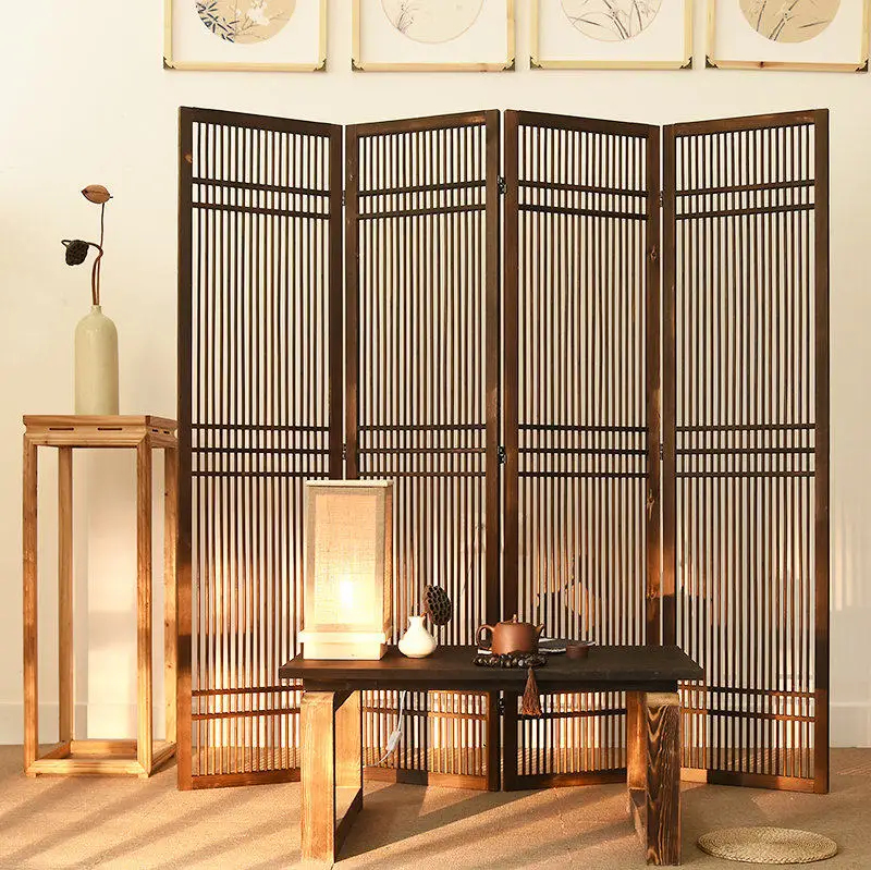 

New Chinese solid wood bamboo screen partition folding mobile living room bedroom blocking tea house props retro old folding