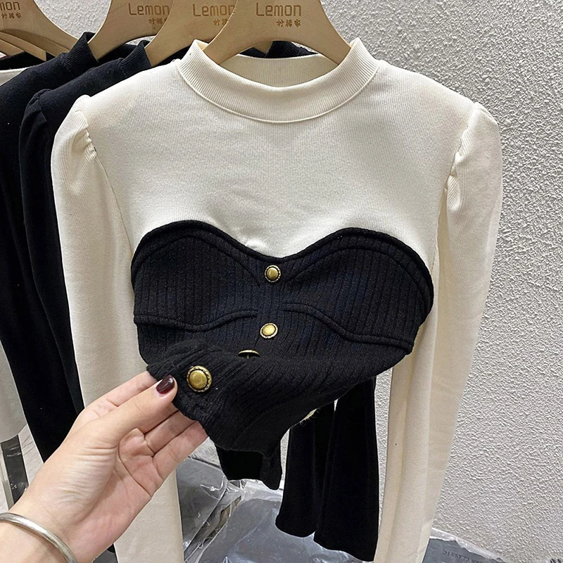 Elegant Patchwork T Shirts Women Streetwear Long Sleeve Crop Tops Fall Winter Korean Fashion Chic Buttons Slim All Match Tees