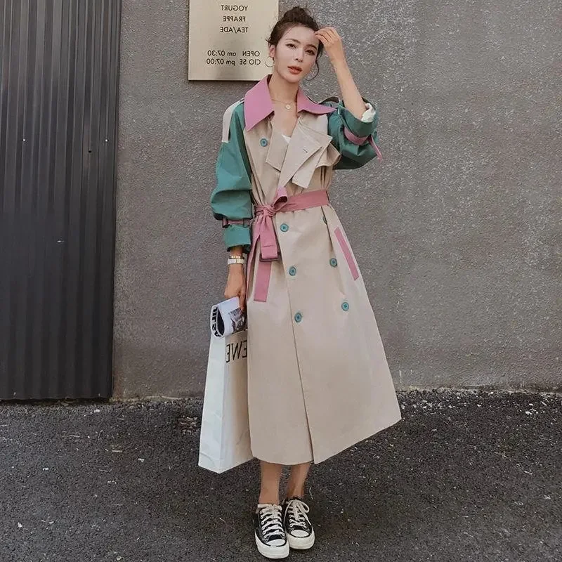 Color Blocking Long Windbreaker Jacket For Women 2025 New Spring Autumn Korean Style Loose Versatile Overcoat Female Trench Coat