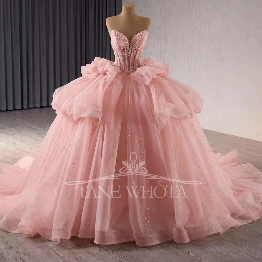 Abito da sera di lusso con scollo a cuore con pizzo sul retro Abito da sera personalizzabile con fiocco rosa con paillettes in rilievo per occasioni speciali