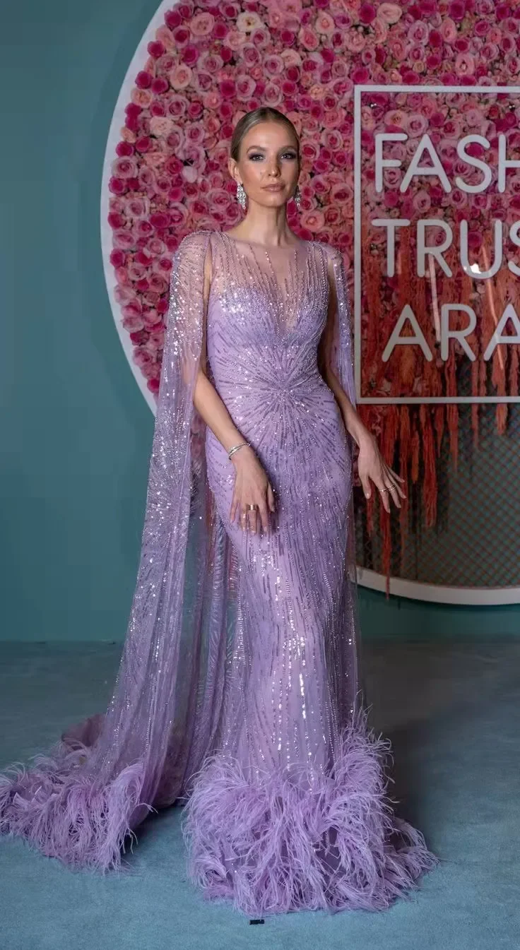 Customized Luxury Purple Beaded Cape Feathers Evening Dresses 2024 Fashion Mermaid Floor-Length vestidos de fiesta فساتين سهره H