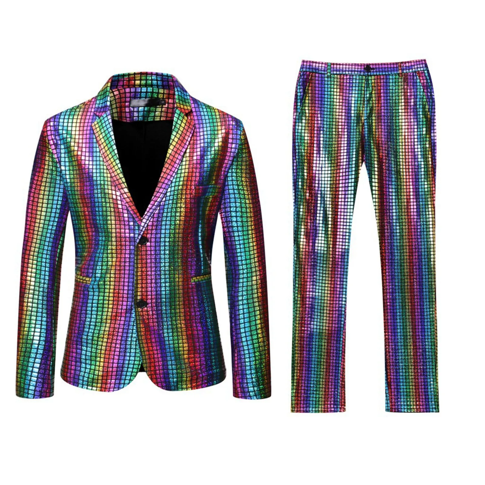 

Mens Stage Prom Suits Rainbow Plaid Shiny Sequin Jacket and Pants Men Dance Festival Party Costume Shiny Blazers Nightclub Sets