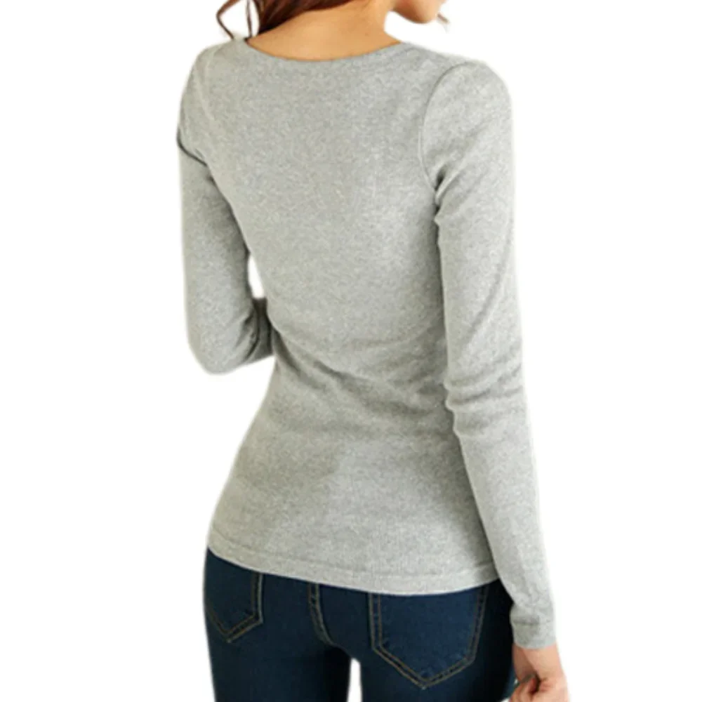 DZ-DZ Women Button Up Ribbed Knit Slim Fit T Shirt Top Casual Long Sleeve Crew Neck Solid Skinny Tee Top Streetwear