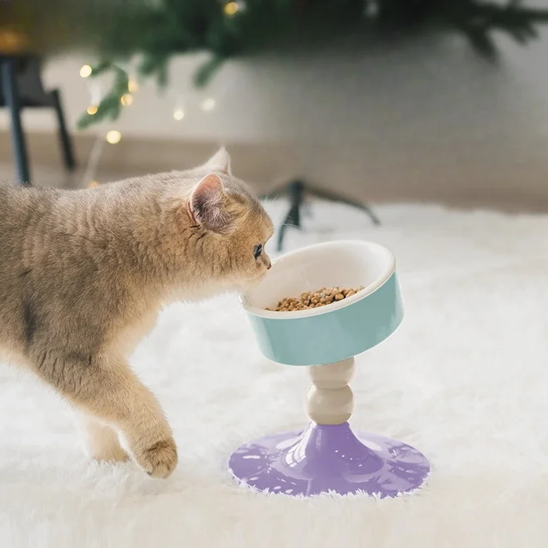 Creative Ceramic Drinking Water Food Tall footed Bowl Anti Overturning Neck Protection Large caliber, Cat Bowl Pet Supplies, 1Pc