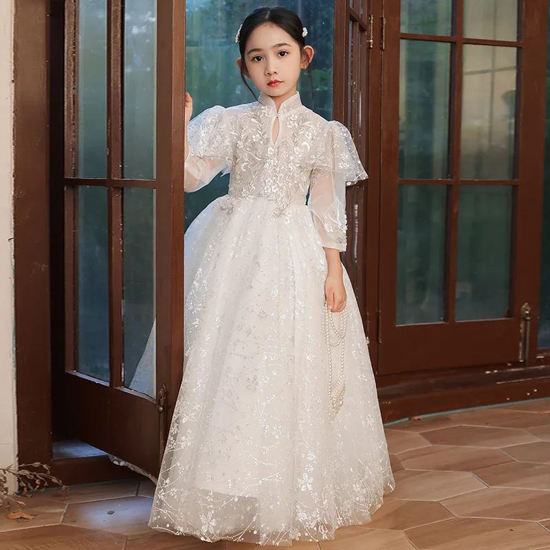 Kids Dresses Girl Elegant Long Prom Green Tulle Gowns Sequin Lace Children Graduation Dress Teen Wedding Party Bridesmaid Robe