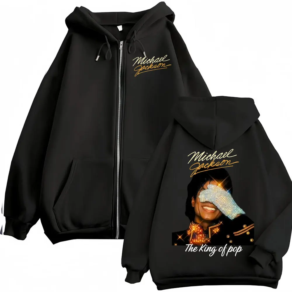 Moletom com Zíper Michael Jackson King of Pop para Fãs de Música, Jaqueta Unissex Harajuku Hip Hop, Blusão Confortável com Zíper