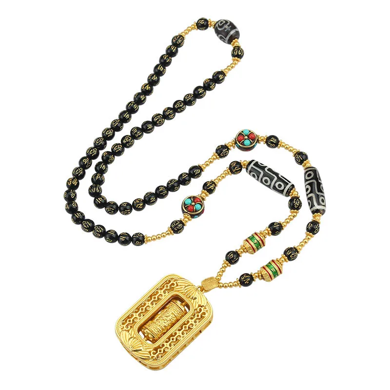 Sand Gold Farbe Anhänger Sechs Charakter Sprichwörter Achat Tianzhu Tangka Halsketten Männer Frauen High-End Lange Halskette Mode Schmuck – Detail 5