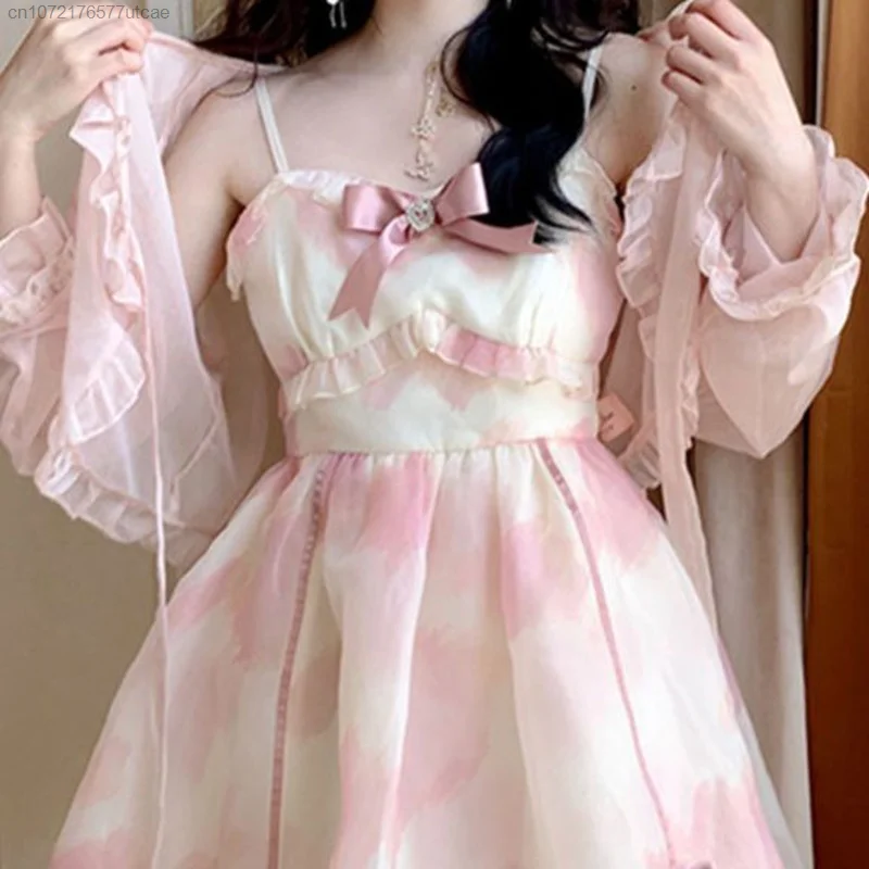 French Sweet Fairy Pink Dress For Women Trendy Chic And Elegant Woman 2 Pieces Set Lolita Dress Summer Girl Birthday Dress Gift