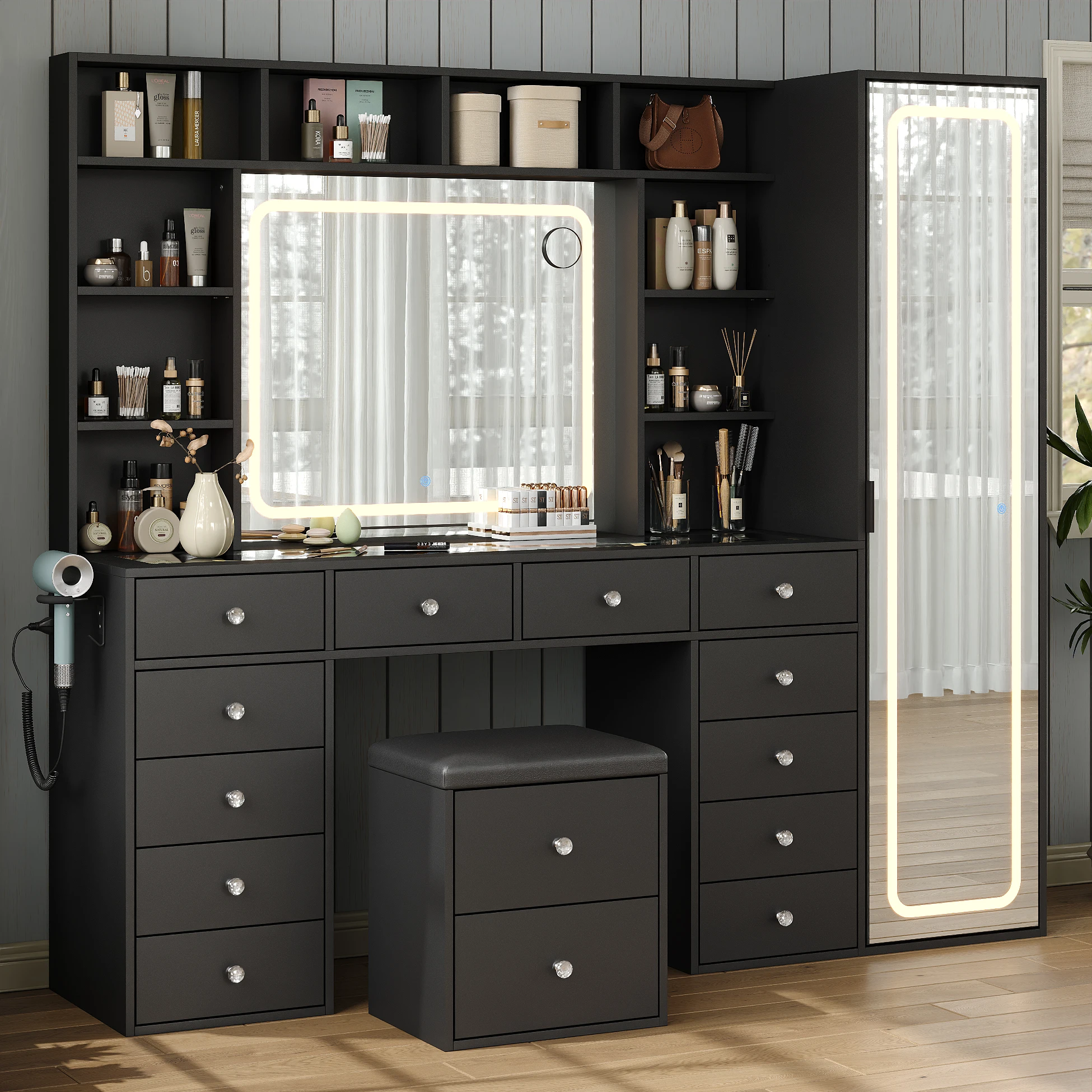 Vanity Desk with Full-Length & LED Mirror, 14 Drawers, 10 Shelves, Hidden Storage, Power Outlet, Dimmable 3-Color Lighting, Black Makeup Vanity for Bedroom