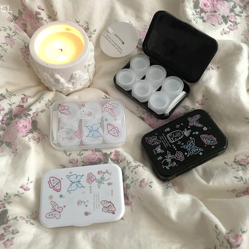 Butterfly Themed 3Pair Contact Lens Care Kit; Portable Storage for Travel; Ideal for Girls Using Beauty Pupil Lenses.