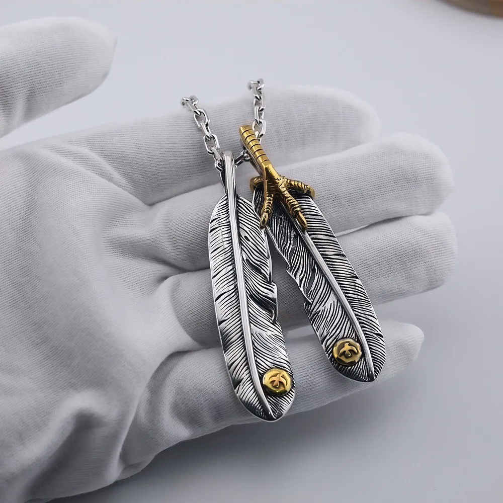 

Takahashi Goro's Goro Golden Eagle Claw Feather Pendant Antique-Finished Thai Silver Takahashi Style Necklace for Men and Women