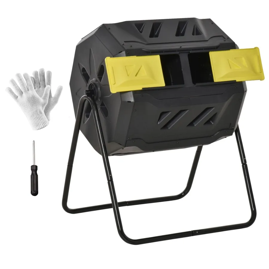 

Compost Tumbler Bin Outdoor 360Dual Chamber Rotating Composter 43 Gallon Yellow Black for Patio Garden Waste