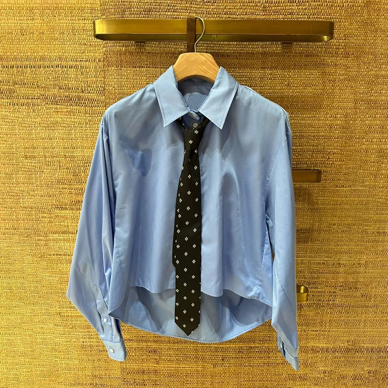 

Chic Collar irt Women's Cotton Long Sve Breathable Comfortable Autumn Faion ort Front Long Ba Design with Bla...