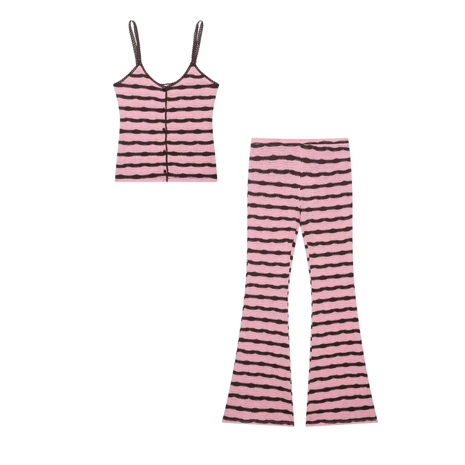 

Lady Romantic Sweet Knitted Set Autumn Casual Striped Knit Tank Top Women Loose Tops Bell-bottoms Trousers Spring Loose Outfit