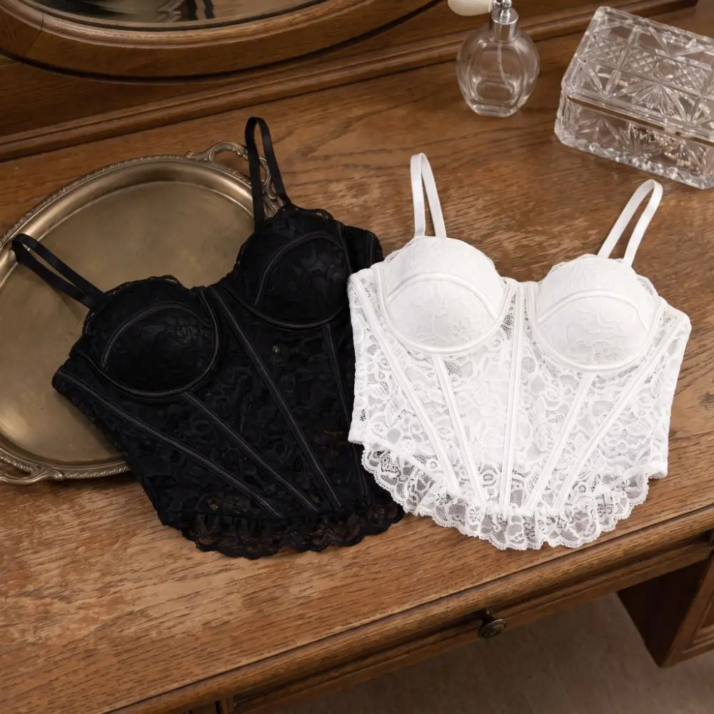 Elegant Mesh Transparent Lace Camisole Sleeveless Slim Fit Lace Corset Fishbone Crop Tops Evening Wear