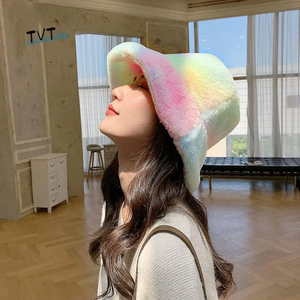 

Polyester Foldable Rainbow Tie Dye Korean Style Cap Autumn Winter Hat Women Fisherman Hat Faux Fur Bucket Hat