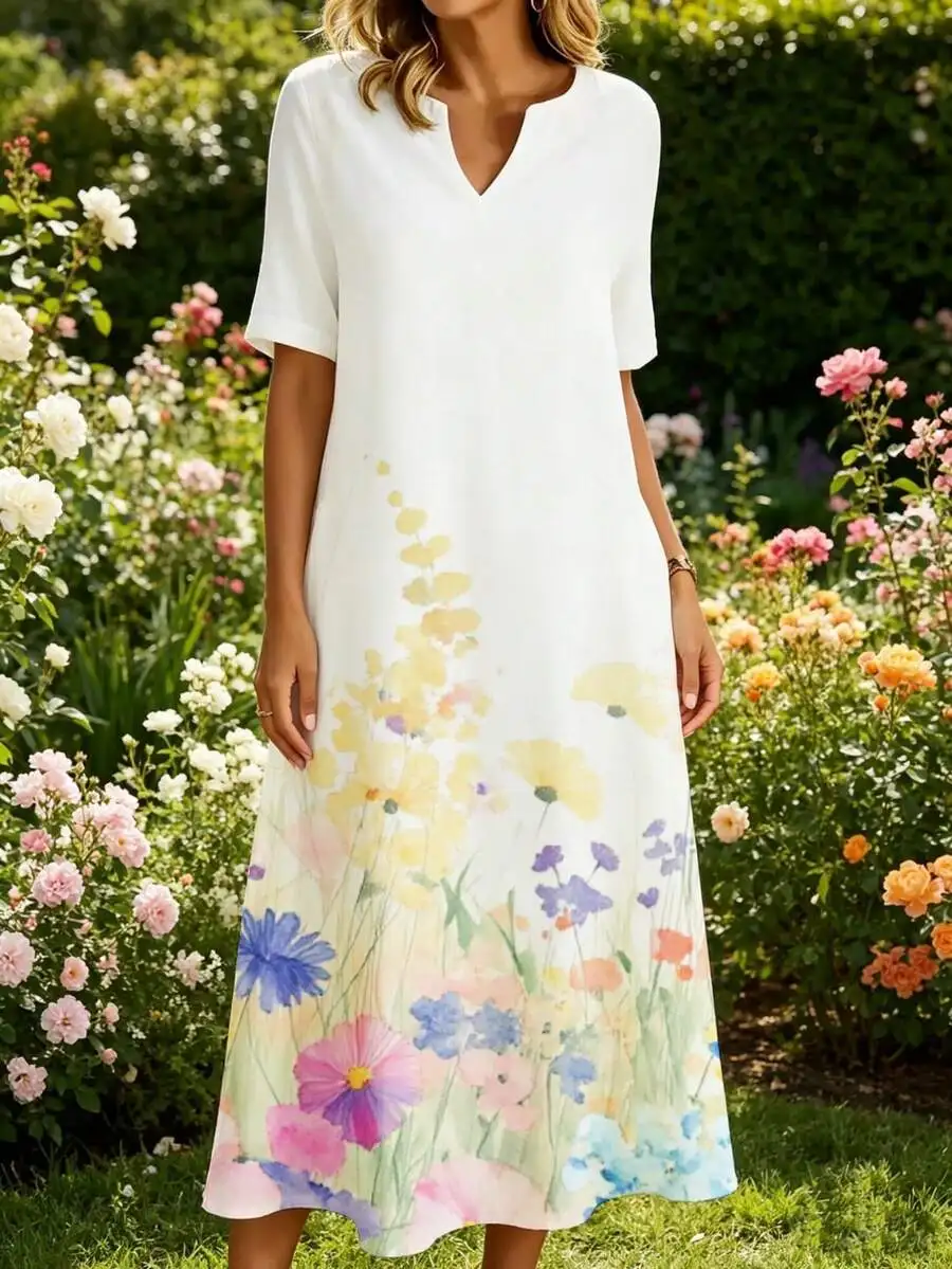 

V Neck Short Sleeve Midi Dress White Floral Print Summer Garden Party