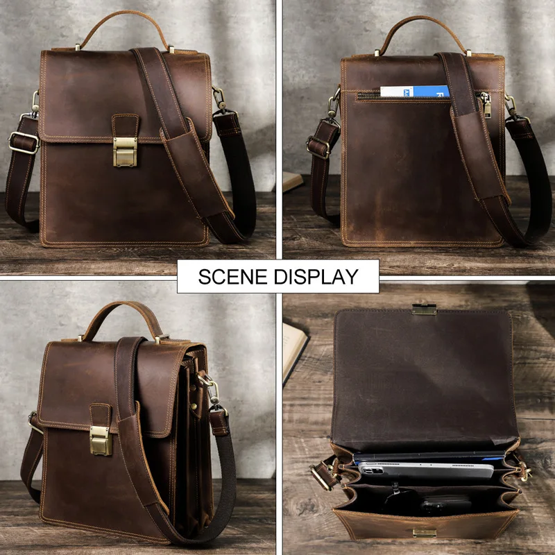 New Korean Version Crazy Horse Cowhide Fashion Leather High-end  Shoulder Insert Lock Men's Crossbody Bags Briefcase Man's Bags