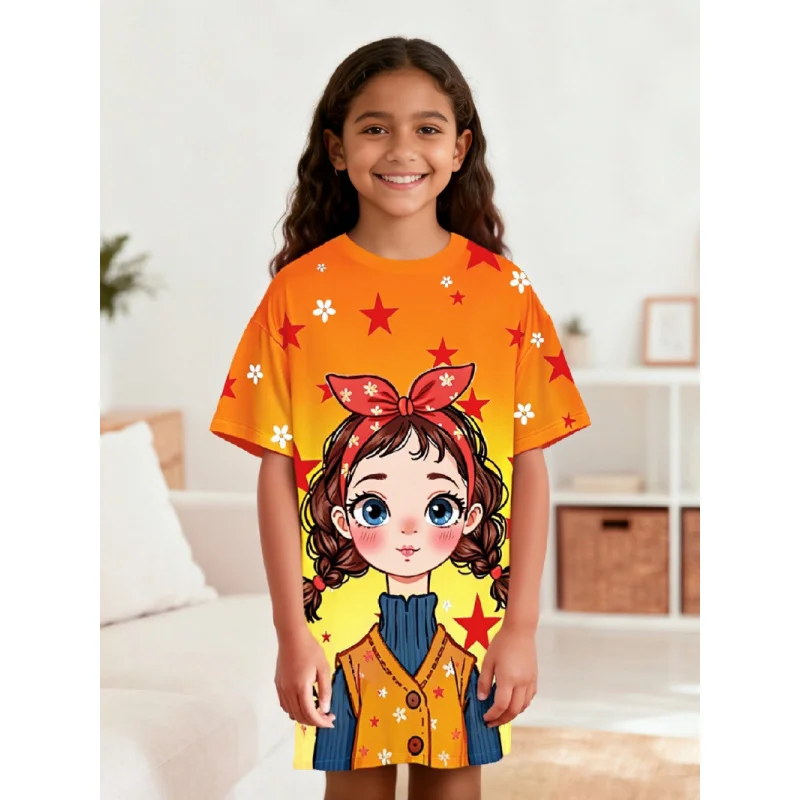 Children's Ultra-Soft Dress 2026 Vibrant Orange Cartoon Print with Fun Stars And Flowers Design for All-Day Comfort 2