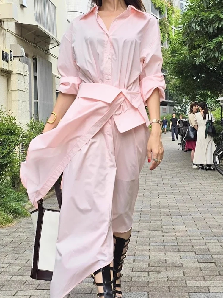 [EWQ] Casual Temperament Style Turn-down Collar Shirts Dress Irregular Design Dresses Beautiful Women Clothing 2024 Autumn GZ565