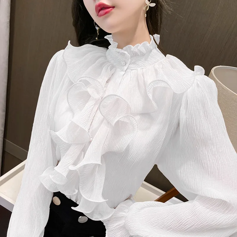 Satin Women\'s Shirts New Silk Solid Vintage Blouses Loose Spring/Summer O-Neck Ladies Clothing Long Sleeves RUFFLES Tops