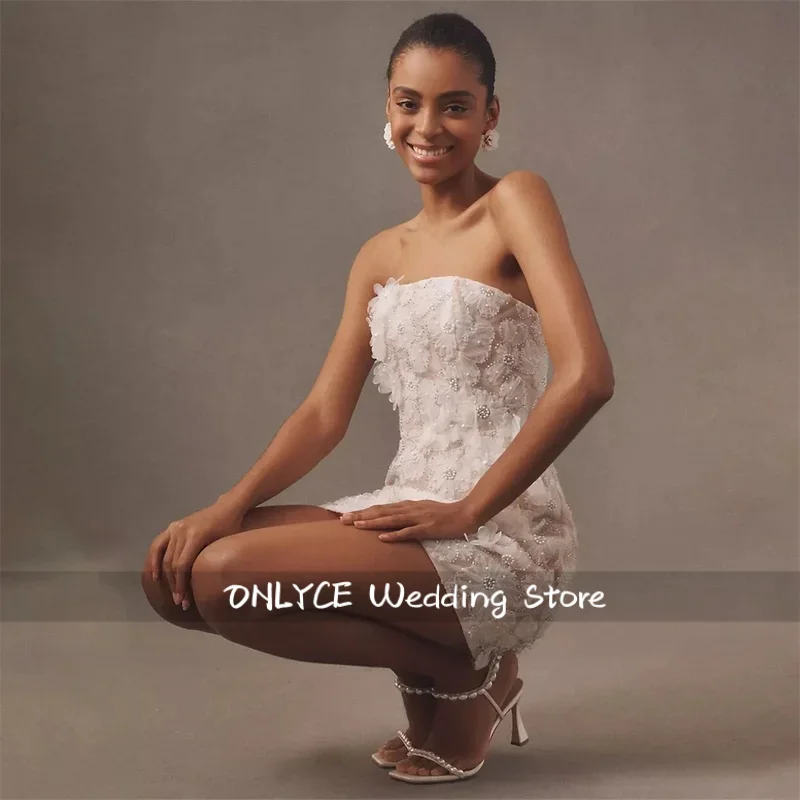 A Line Short Bead Embroidery Lace Wedding Dress Sleeveless Sexy Strapless Bridal Gown Customized Robe de mariée