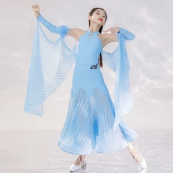 Girls Blue Ballroom Dancing Dresses Off-Shoulder Bodysuit Skirt Feather Gloves Waltz Tango Dancing Competition Costume VDB7855